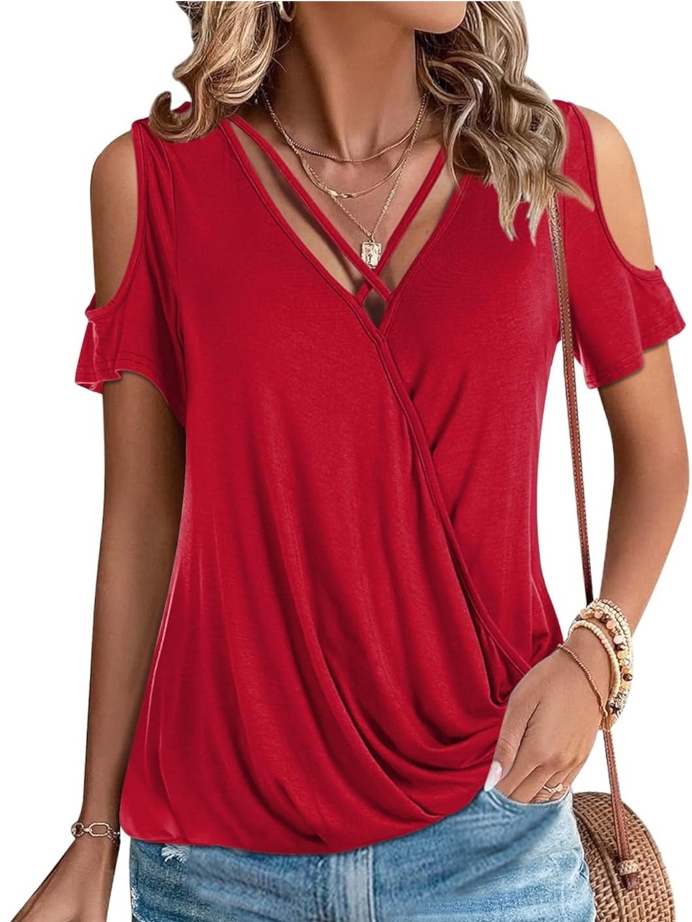 Cold-Shoulder Red Women's V-Neck Wrap Top - size Medium NEW